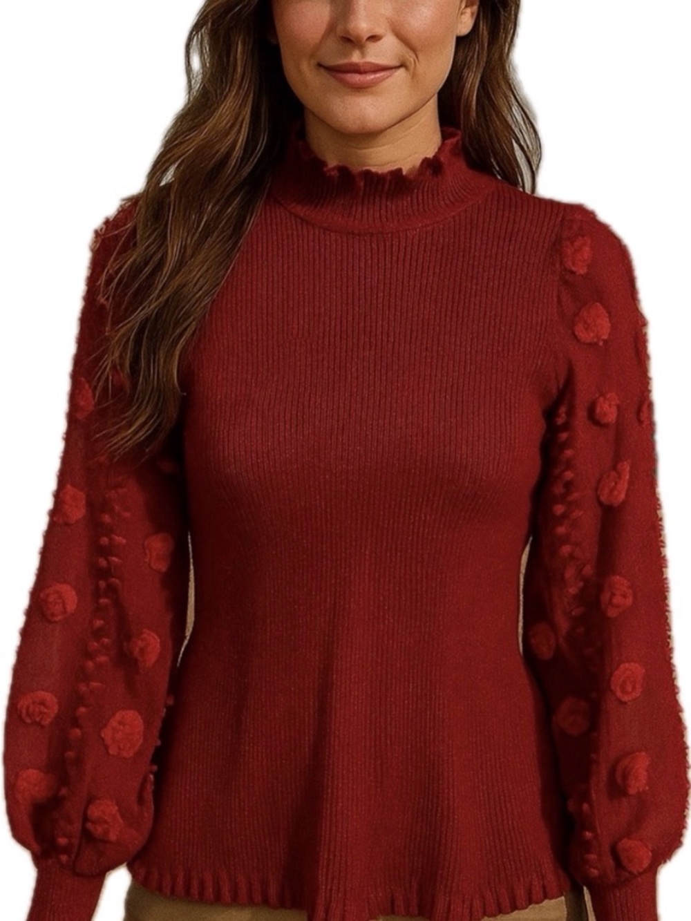 NWOT Almost Famous Red Ribbed Top Ruffle Neck Ruffle Hem & Wrists Sheer Sleeves